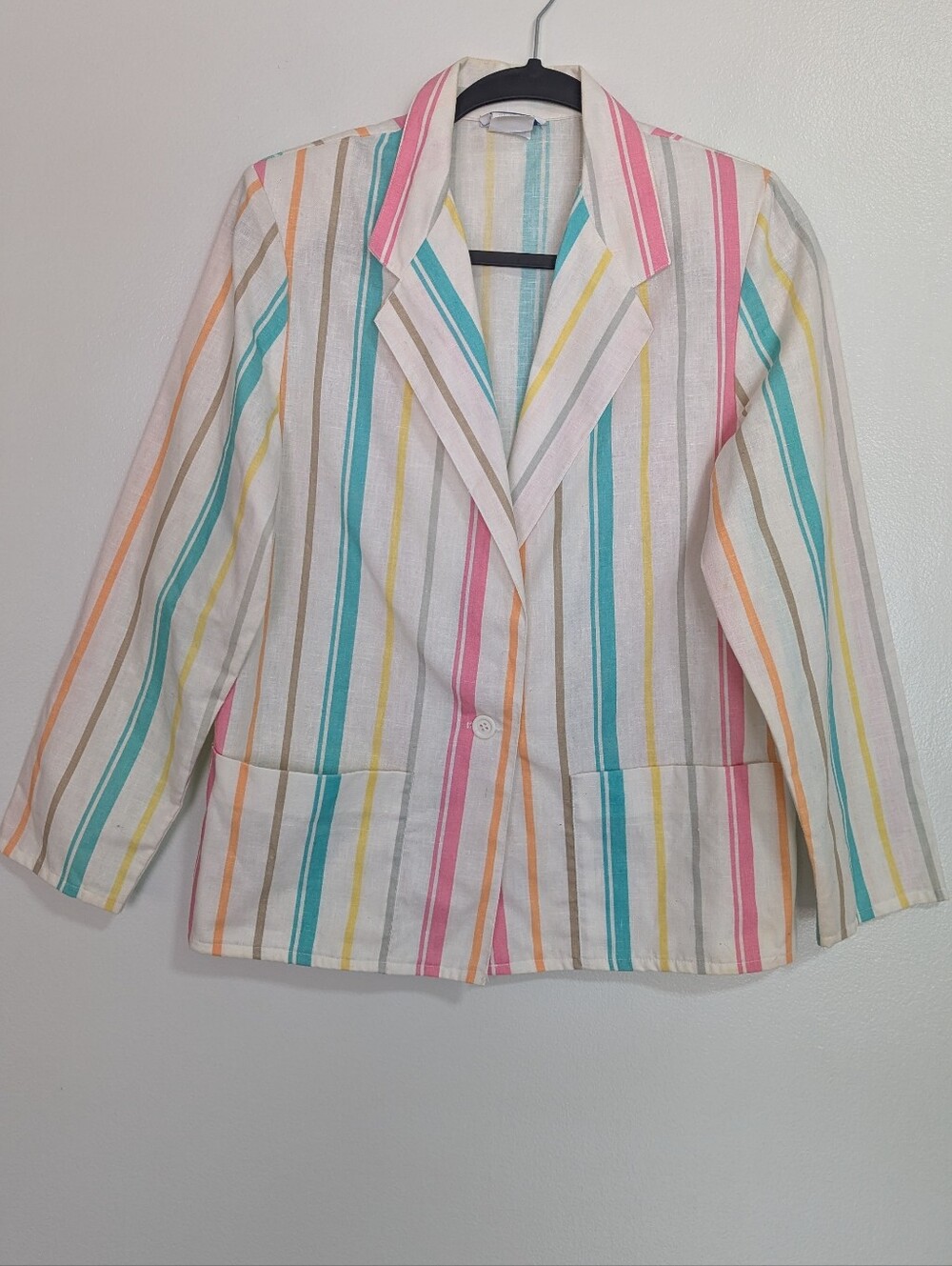 Vintage 80s Tifton Pastel Pink Green Vertical Stripe Lightweight‎ Blazer 8P